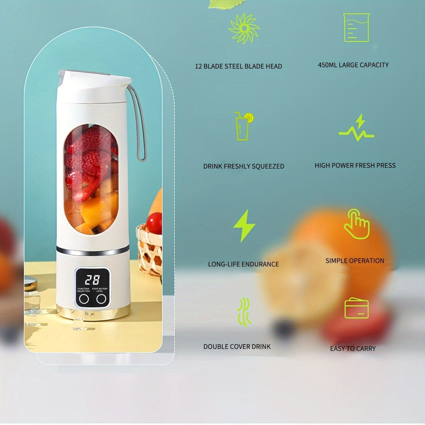 1 Pc Portable Fruit Juicer, 450mL/15.22 Ounces, 12-Blade, USB Rechargeable 1500 mAh Battery