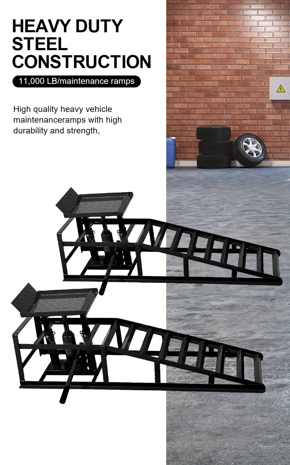 2pcs Heavy Duty Hydraulic Truck Ramp, 5T/11,000Lbs Capacity, Steel Auto Wheel Platform for Vehicle Maintenance, Garage, Black