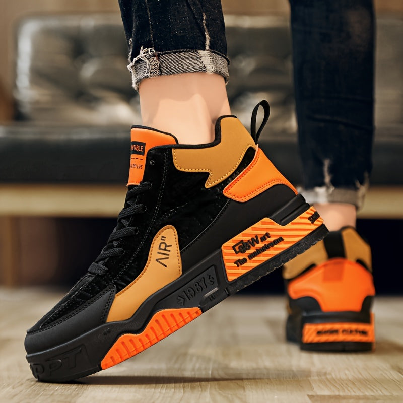 Men's Trendy High Top Platform Shoes, Non Slip Lace Up Skate Shoes, All Seasons Outdoor Walking Traveling Comfy