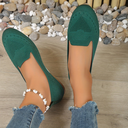 Women's Black Slip-On Flats - Breathable Knitted Round Toe Non-Slip Casual Lightweight Walking Shoes - Hiccupzz