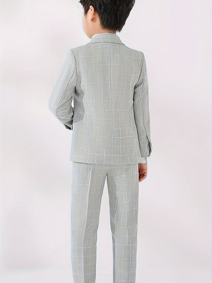 3-Pcs Boys Formal Plaid Gentleman Outfit Set, Long Sleeve Blazer, Bowtie, Pants - Hiccupzz