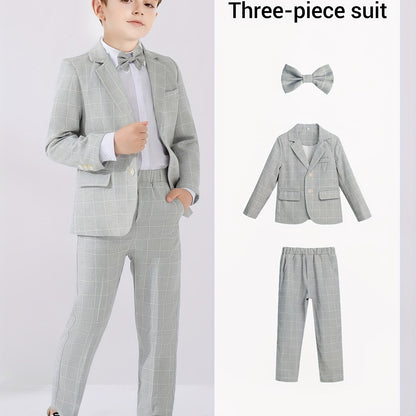 3-Pcs Boys Formal Plaid Gentleman Outfits, Long Sleeve Blazer, Bowtie, Pants Set - Hiccupzz