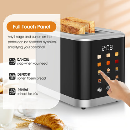 1 Pc Smart Digital Toaster - Touch Screen LCD Display, 6 Bread Types, 6 Shade Settings, 1.5" Wide Slots, Bagel/Defrost/Cancel Functions, 750-1000W, 2-Slice, US Plug, 110-130V