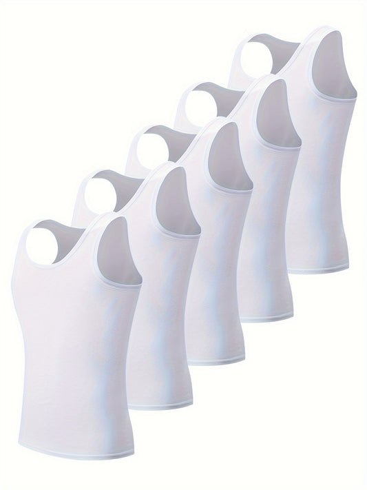 5-Pack Men's White Tank Tops - Comfortable Cotton Sleeveless T-Shirts for Fitness & Casual Wear