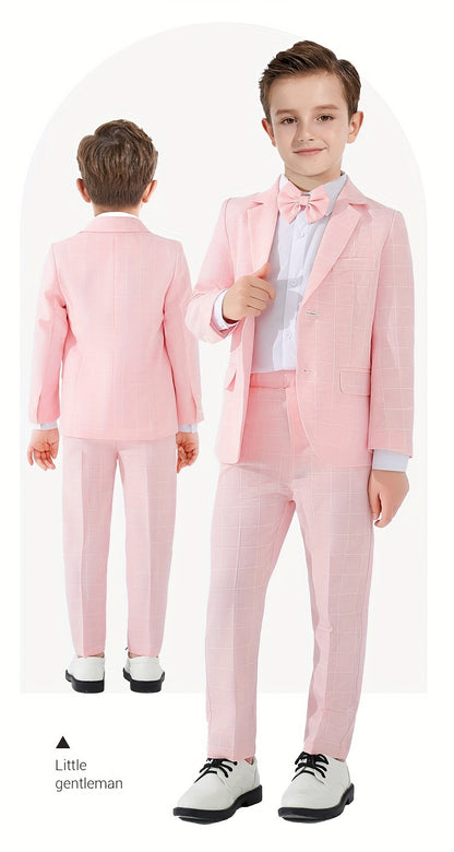 3-Pcs Boys Formal Plaid Gentleman Outfits, Long Sleeve Blazer, Bowtie, Pants Set - Hiccupzz