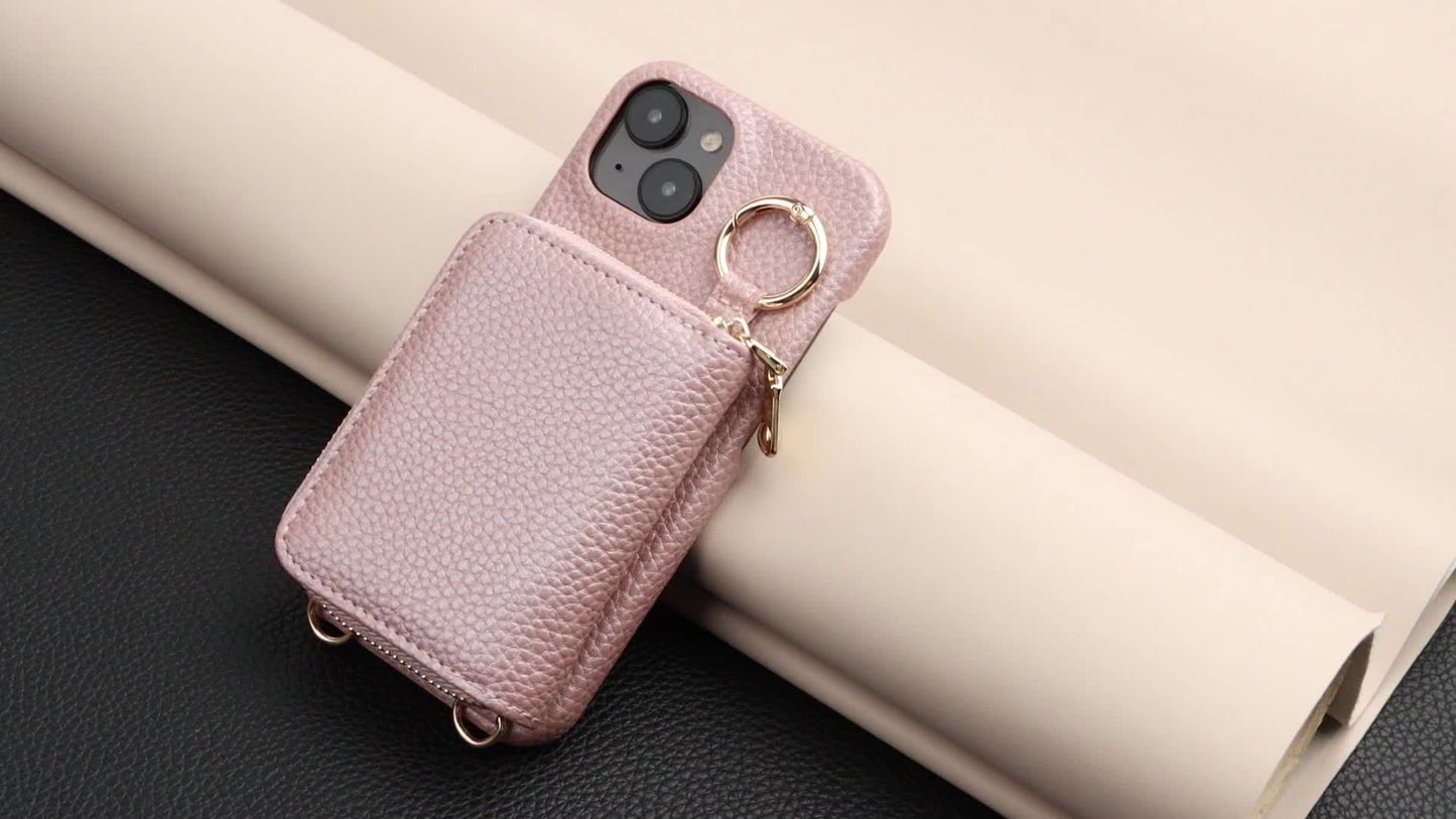 Leather Phone Case with Zipper Lanyard, Wallet, and Card Holder for iPhone (Multiple Models) - Anti-Drop and Convenient