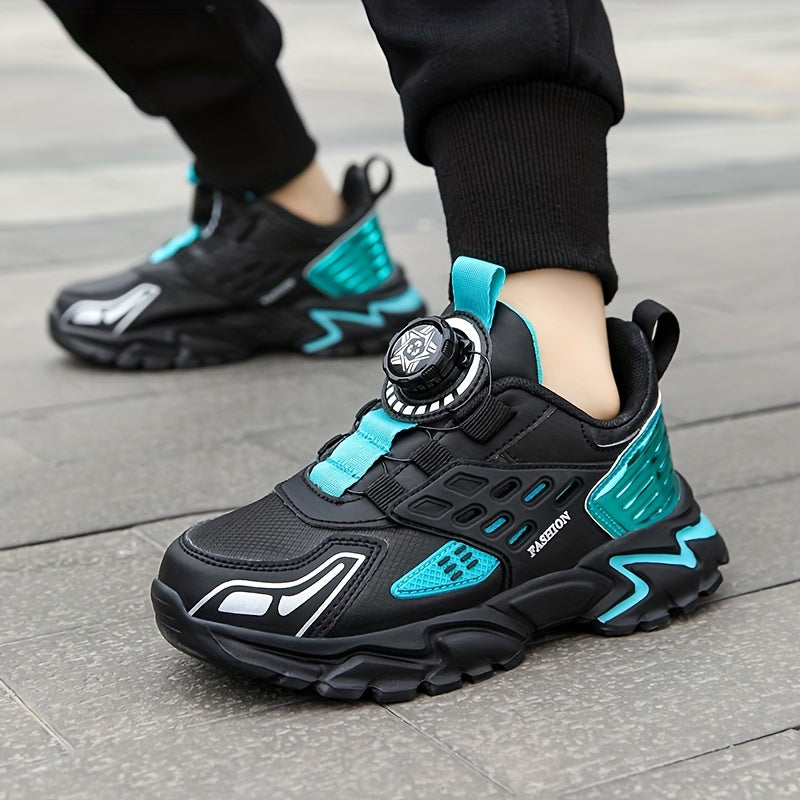 Boys' Casual Low-Top Running Shoes with Rotating Button, Comfy Non-Slip Sneakers for Outdoor Activities.