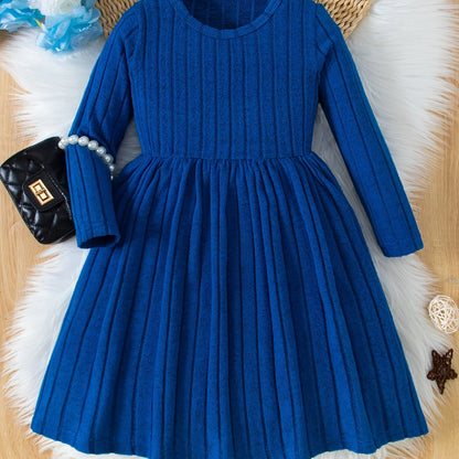 Girls Solid Color Dress, Simple Versatile, Round Neck, Long Sleeve - Hiccupzz