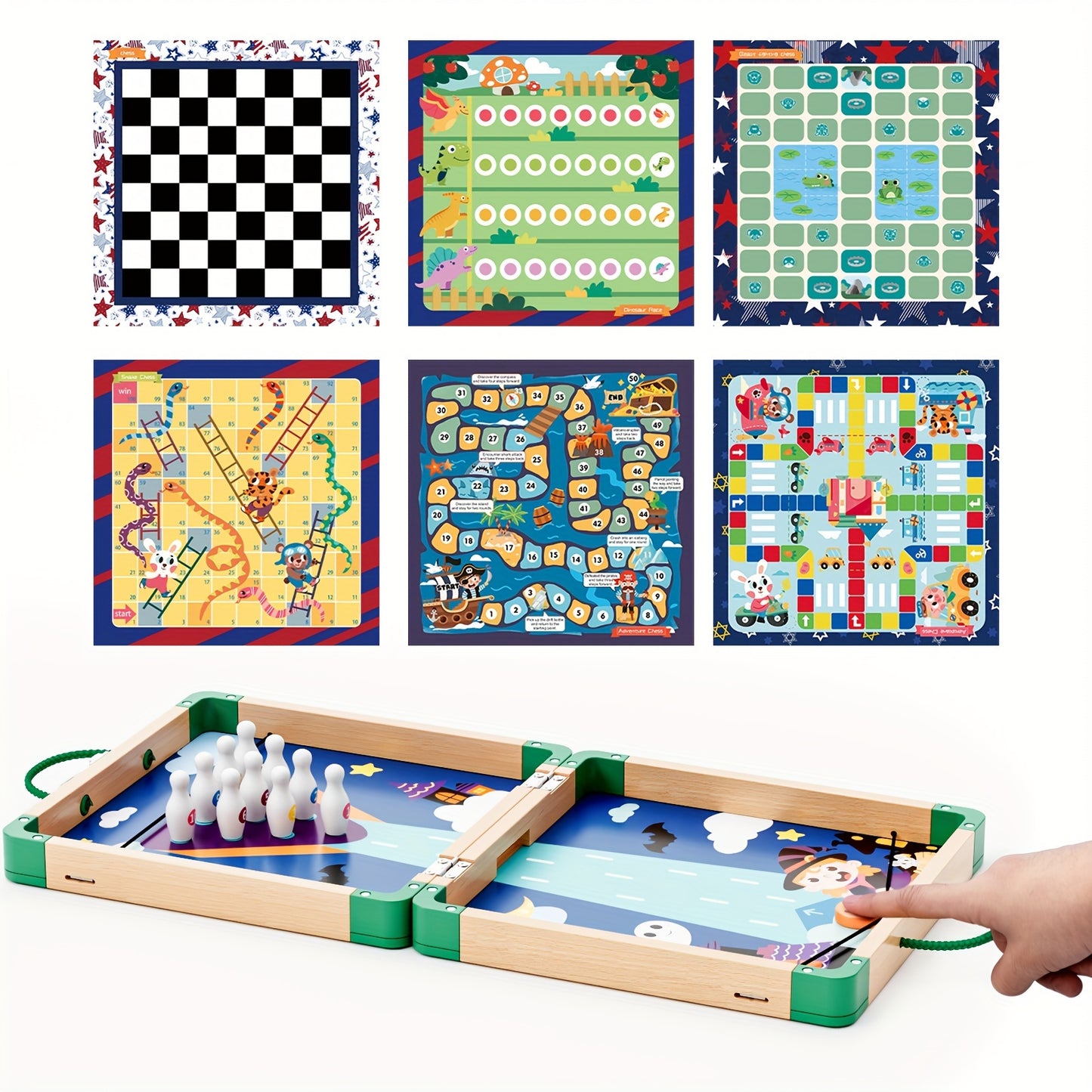 8-in-1 Wooden Board Game Set - Includes Chess, Sling Puck, and More