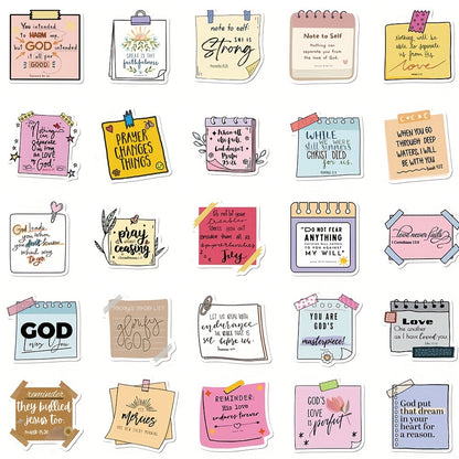 50pcs Bible Verse Sticky Notes – Waterproof PVC Self-Adhesive Christian Decals for Laptop, Notebook, Skateboard, and Luggage, Matte Finish, Irregular Shape, Single Use - Hiccupzz