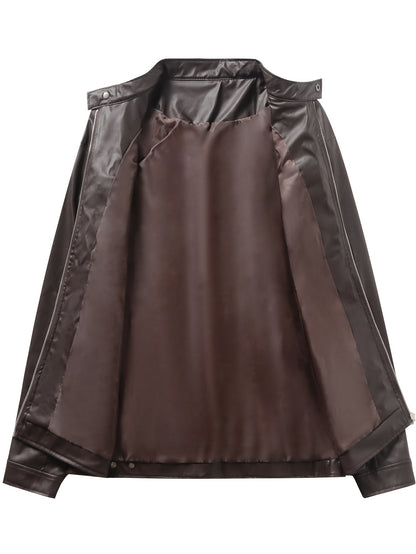 Men's PU Leather Motorcycle Jacket with Zipper Pockets, Autumn/Winter Stand Collar Cardigan Coat - Hiccupzz