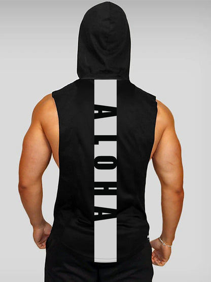 Men's Sleeveless Hooded Tank Top With Letter Print, Casual Sportswear, Gym Fitness Vest - Hiccupzz