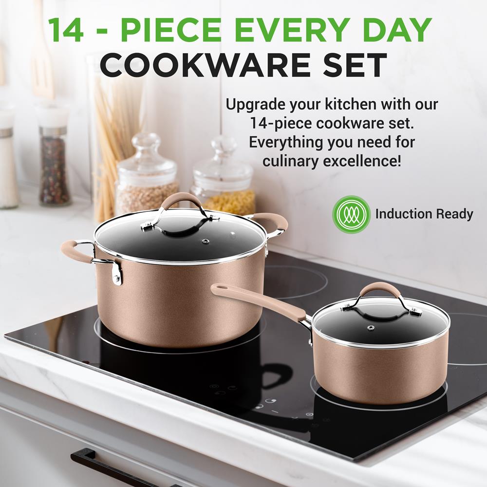 NutriChef 14pc Home Kitchen Cookware Set - Golden Non-Stick Coating, Multi-Layered with Heat Resistant Lacquer