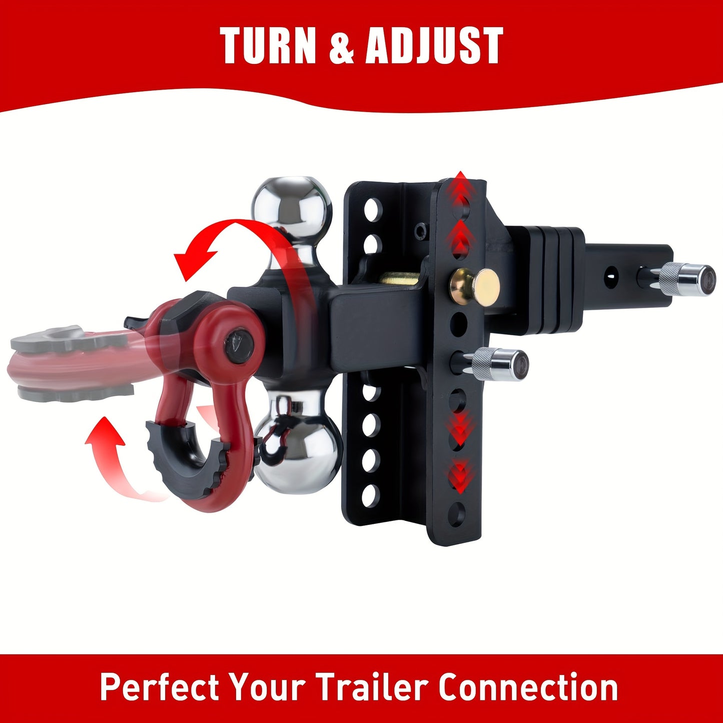 Adjustable Trailer Hitch Ball Mount with Lock & Pin & Rotatable Tow Shackle - Fits 2-Inch Receiver, 5-Inch Rise/Drop, 2-Inch & 2-5/16-Inch Hitch Balls, 10,000LBS GTW, Ultra Quiet