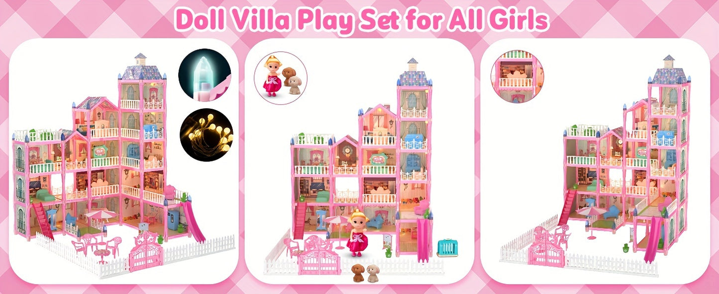 374 Pcs 15 Rooms Doll House For Girls, Princess Playhouse With Lights, Dolls Furniture Accessories,