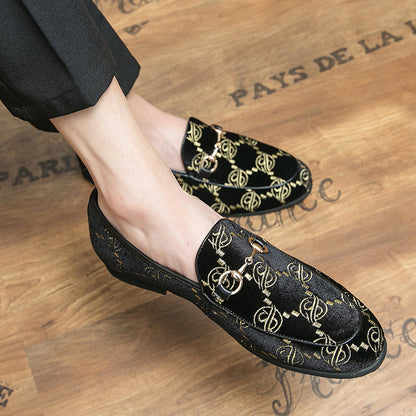 European And American Fashion Embroidered Loafers Men's British Style Plus Size Solid Color Horsebit Buckle Shoes - Hiccupzz