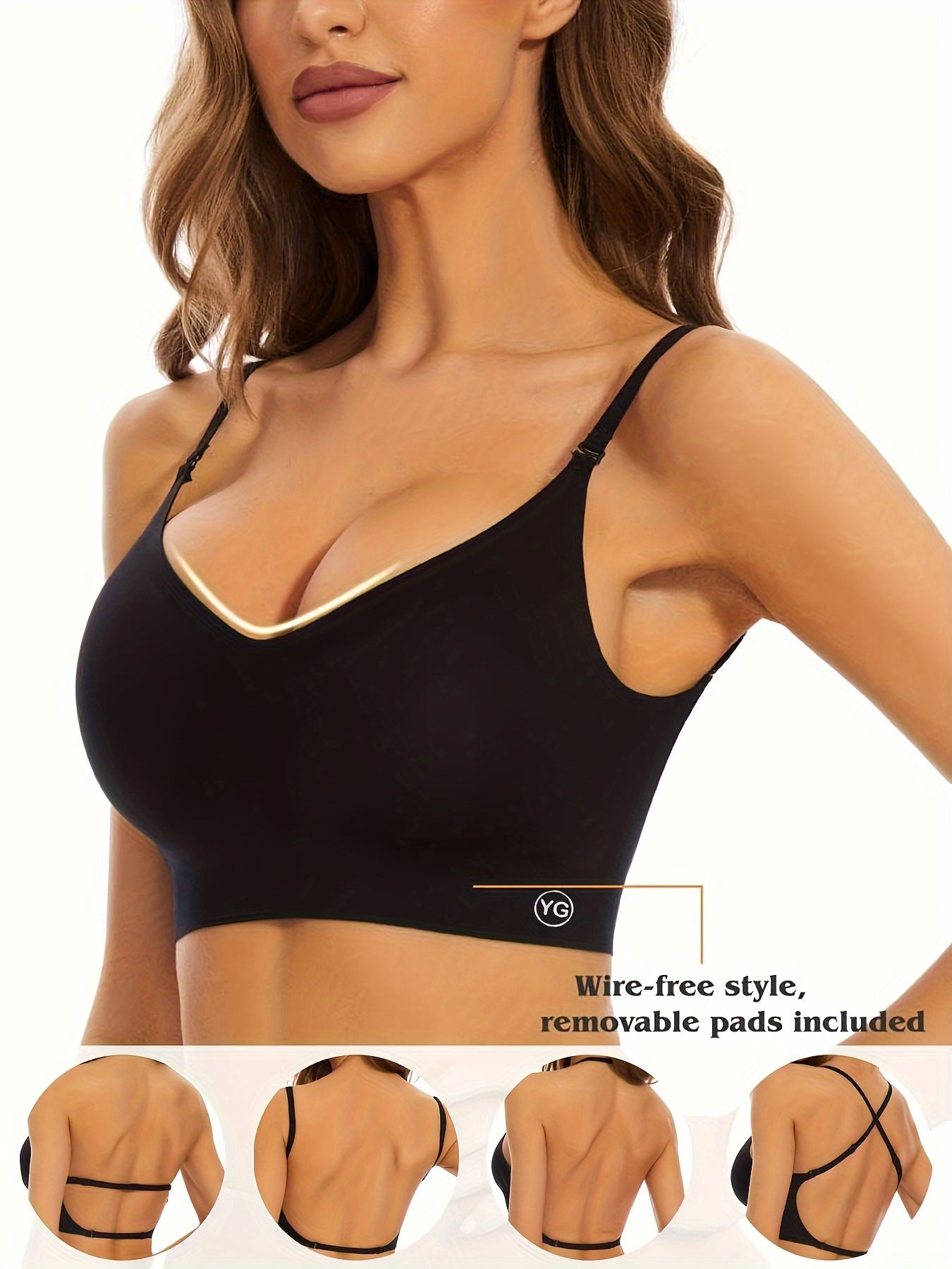 Women's Wireless Sports Bra With Flat Convertible Straps, Seamless Invisible Edge, And Ultra Low-Back Design, Adjustable Fit