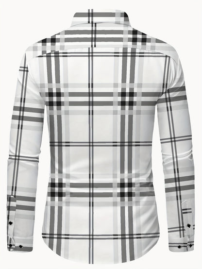 Slim Fit Plaid Button-Down Shirt with Hexagon Buttons and Silver Edging, Men's Preppy Casual Style - Hiccupzz