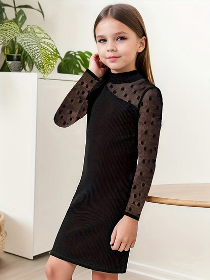 Elegant Girls Splicing Mesh Dress, Long Sleeve, Party & Performance - Hiccupzz