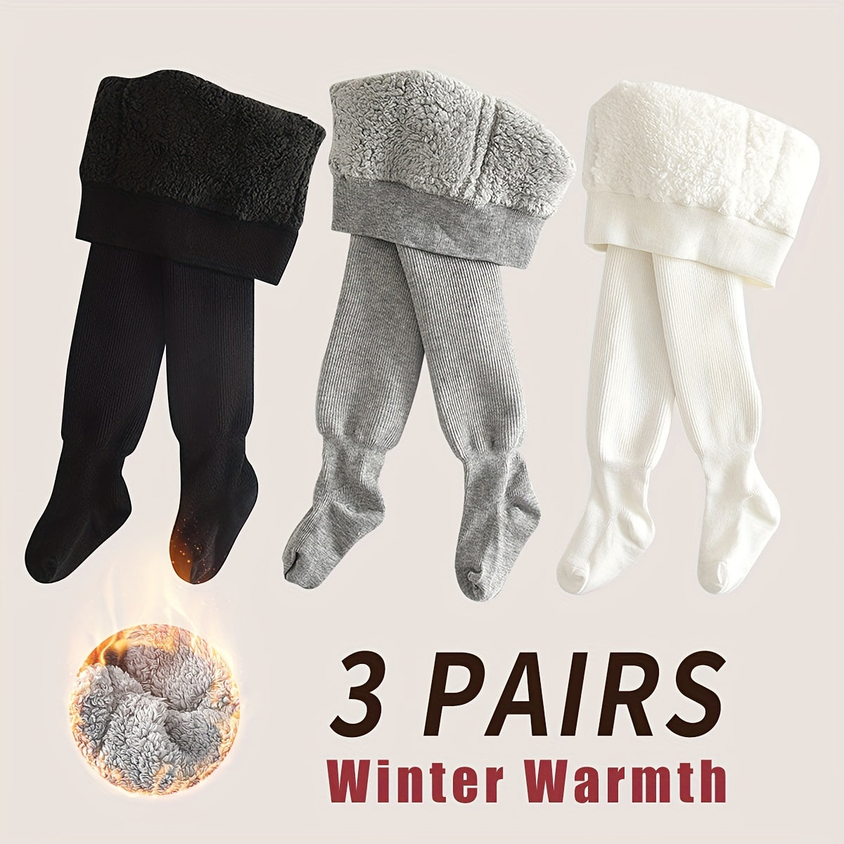 3-Pack Winter Fleece-Lined Girls' Leggings - Polyester Knit Pants with Thermal Lining, Hand Wash Only, Solid Color Outdoor Wear