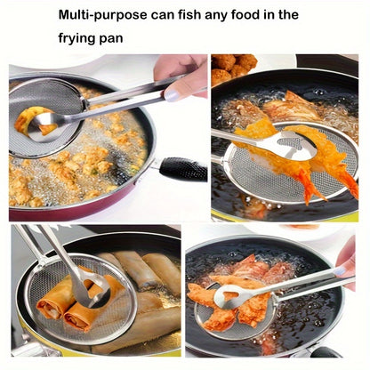 Stainless Steel Kitchen Strainer Spoon & Tongs, High-Temperature Resistant, Ideal for Frying Foods
