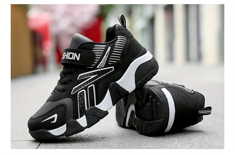 Preppy Boys' Fashion Sneakers - Casual Sports Style with Stripes, Hook & Loop Closure, All-Season Low-Top PU Upper, TPR Sole, Comfy Non-Slip Running Shoes for Toddlers & Kids 14 and Under. - Hiccupzz