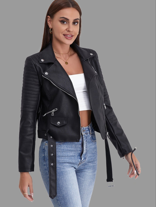 Women's Solid Biker Jacket - Long Sleeve Zipper Streetwear Outerwear