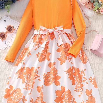 Girls' Floral Spliced Dress, Long Sleeves, Round Neck, Belted, Party Dress - Hiccupzz