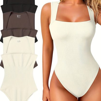 OQQ 3 Piece Bodysuits For Women Sexy Ribbed Strappy Square Neck Stretch Tank Tops Bodysuits - Hiccupzz