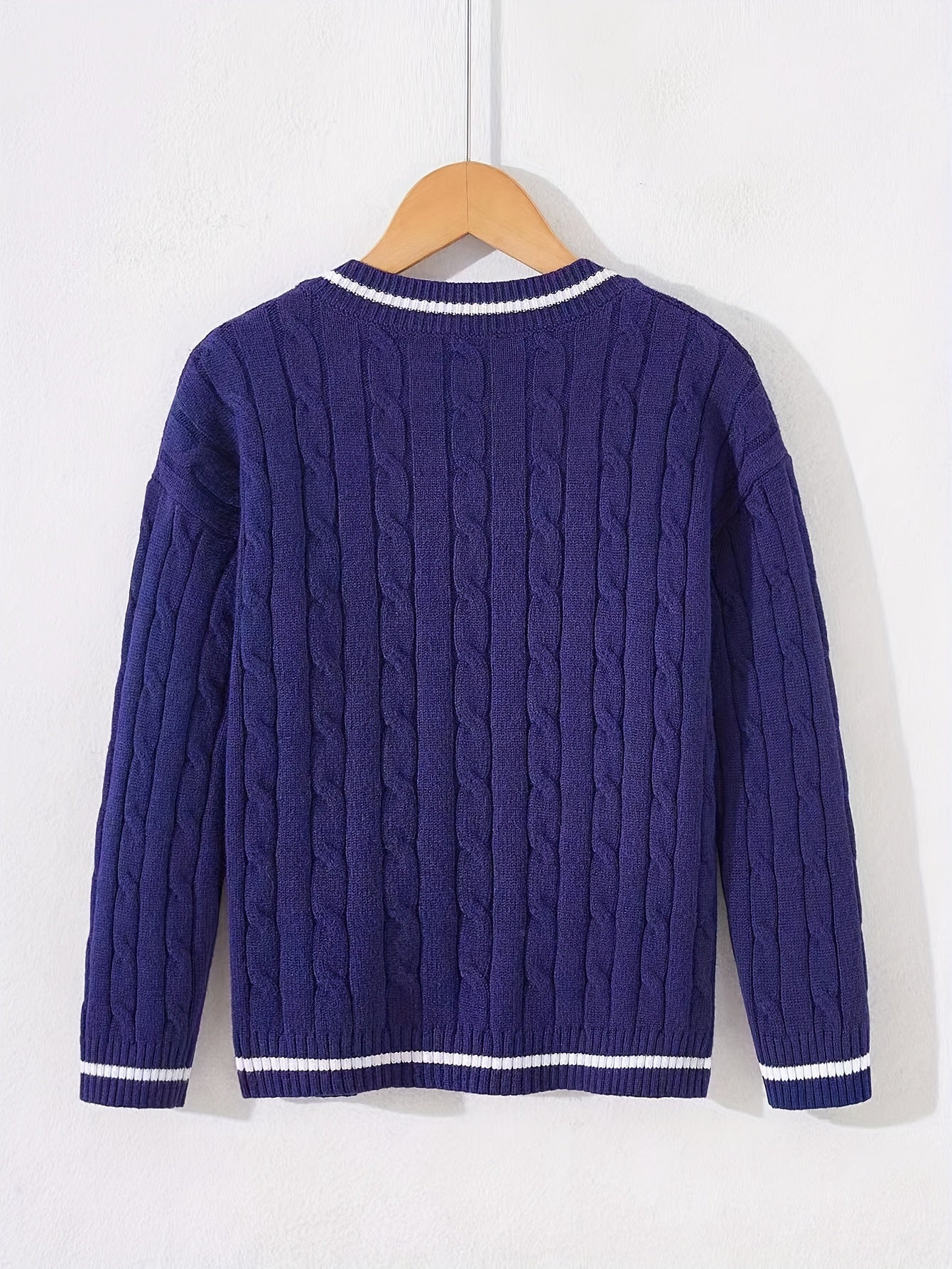 Kid's Preppy V-neck Sweater, Cable Knit, Long Sleeve, Casual, Spring/Fall/Winter