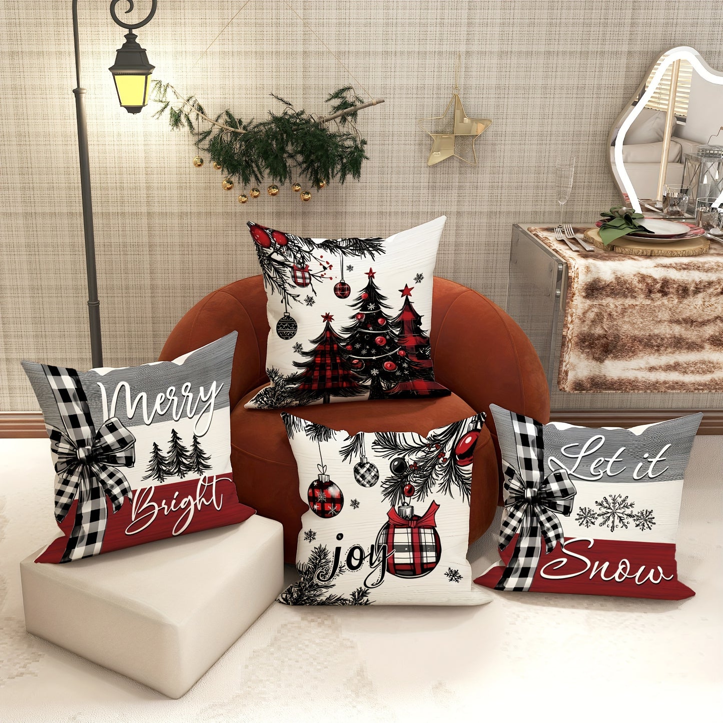 Set of 4 Modern Christmas Throw Pillow Covers 18 x 18 Inch Polyester Full Set