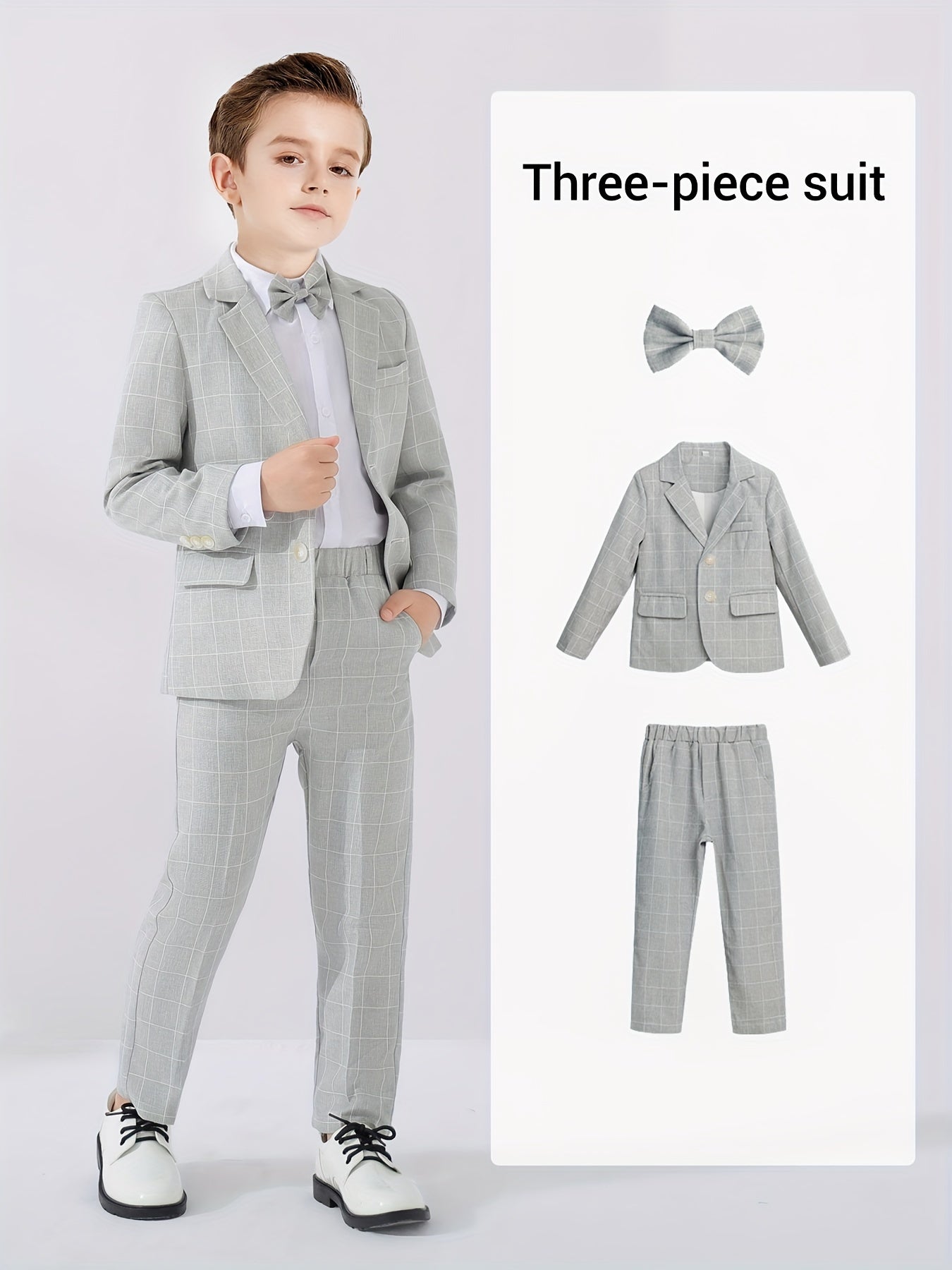 3-Piece Boys Formal Plaid Gentleman Outfits, Long Sleeve Blazer, Bowtie, Pants Set