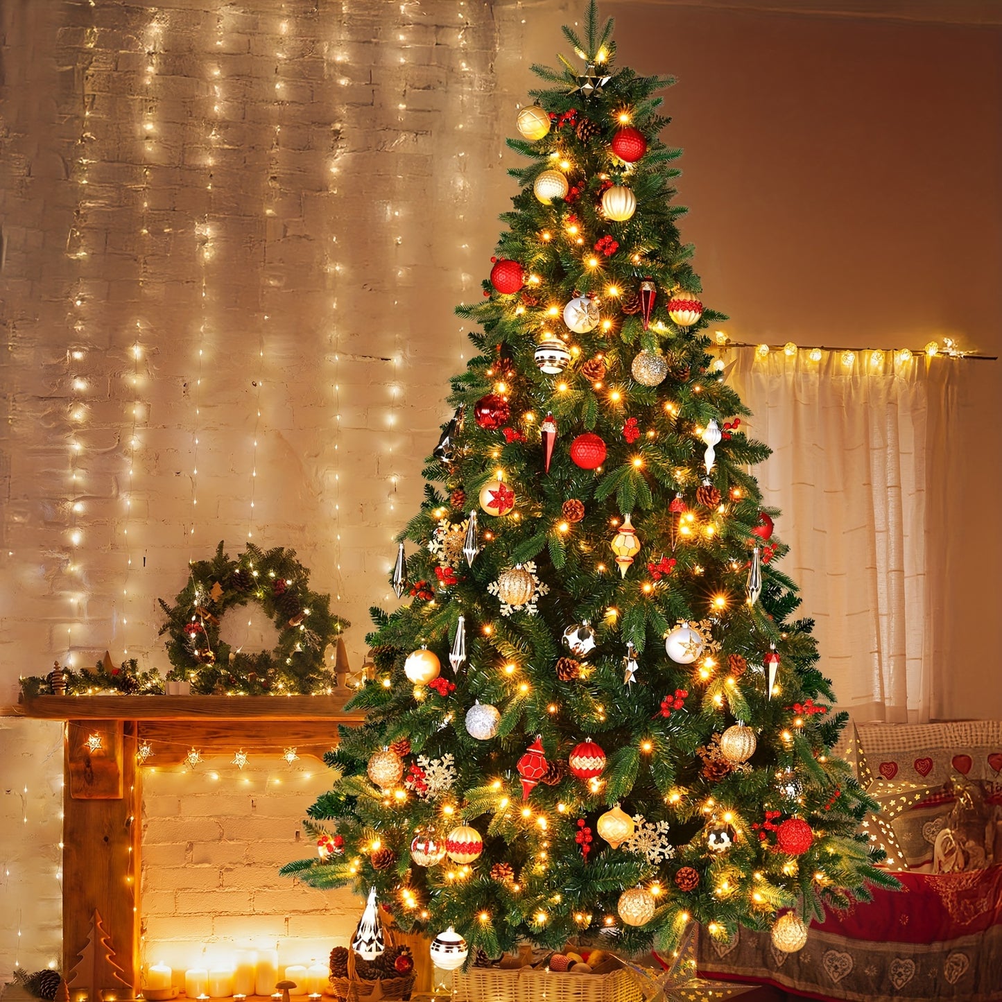 8 Ft/9 Ft Pre-Lit Artificial Christmas Tree with Warm White Light, Pine Cones & Red Berries