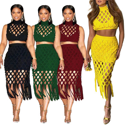 Hollow Out Mesh Fringed Hip Wrap Skirt - Hiccupzz
