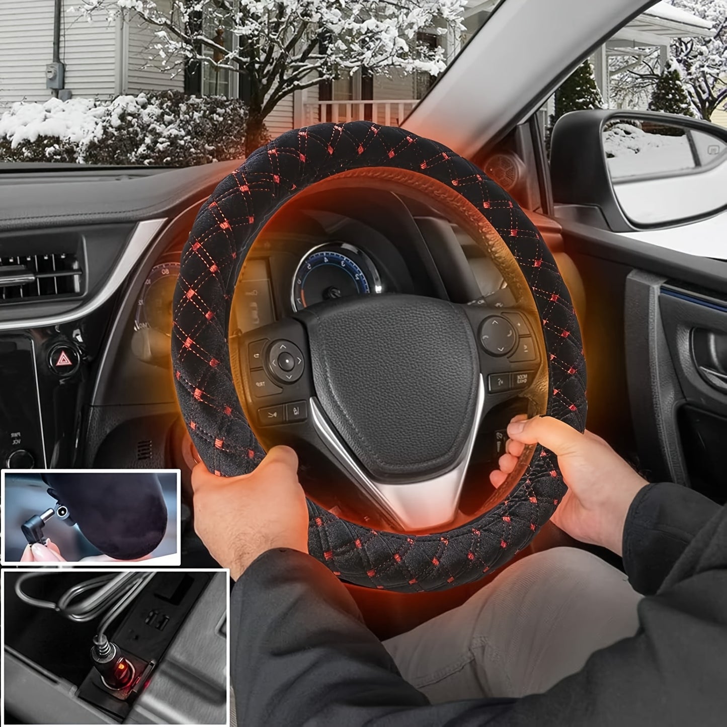 1 Pc Big Hippo 12V Heated Steering Wheel Cover with 2 Bonus Seatbelt Covers - Quick Heat, Thermo-Control, Anti-Slip, Breathable, Fits 14.5-15" Wheels