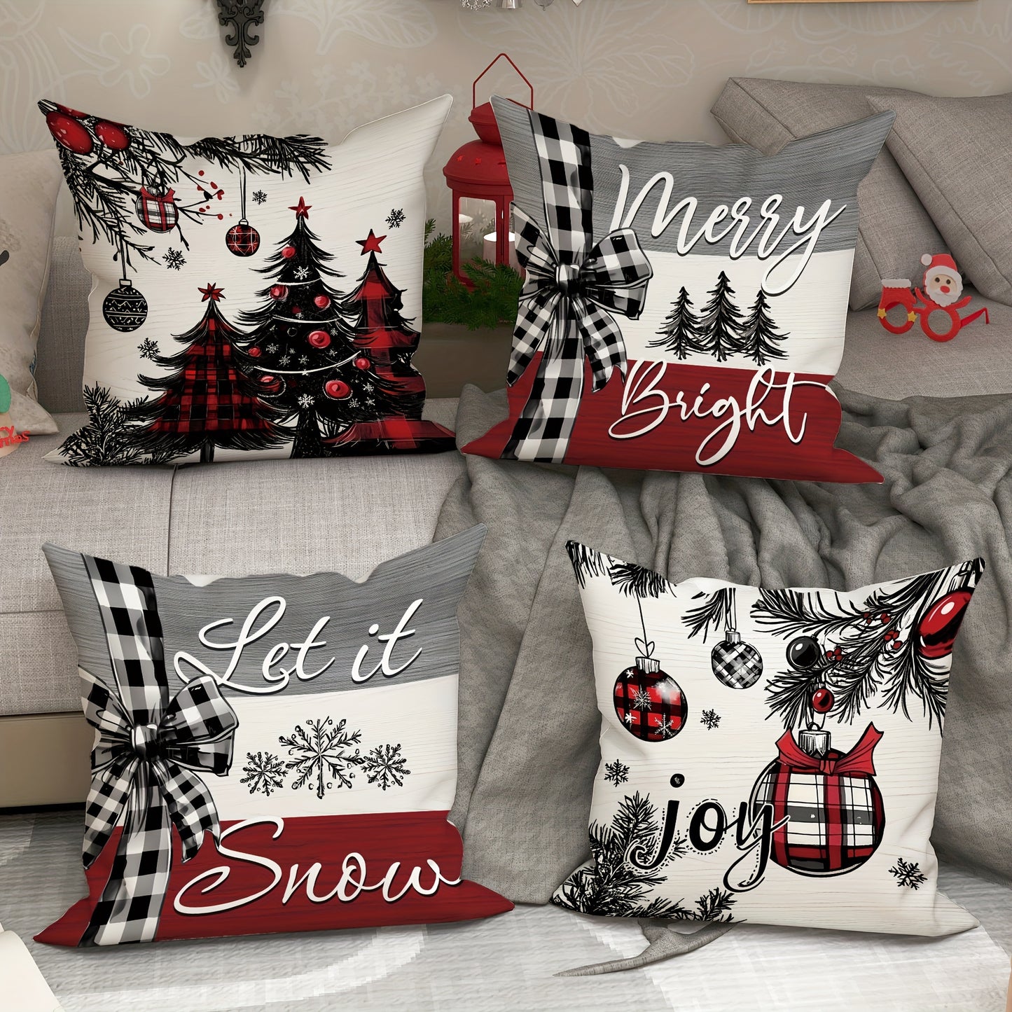 Set of 4 Modern Christmas Throw Pillow Covers 18 x 18 Inch Polyester Full Set