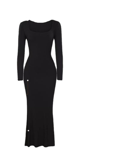 Round Neck Sleeved Slim Fitting Long Dress - Hiccupzz