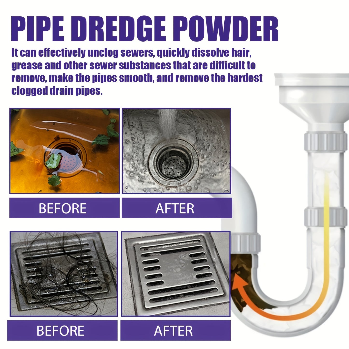 Multi-Purpose Kitchen Drain Unclog Powder - Dissolves Hair & Grease, Prevents Clogs - Easy Clean for Sinks and Pipes