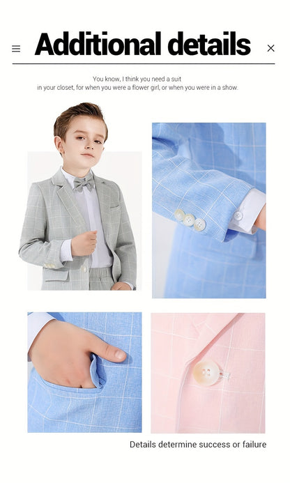 3-Pcs Boys Formal Plaid Gentleman Outfits, Long Sleeve Blazer, Bowtie, Pants Set - Hiccupzz