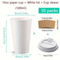 50-Pack Disposable Coffee Cups with Lids & Sleeves - 12/16 oz Eco-Friendly White Paper Cups, Black Lids for Hot Drinks, Tea, or Chocolate - Hiccupzz