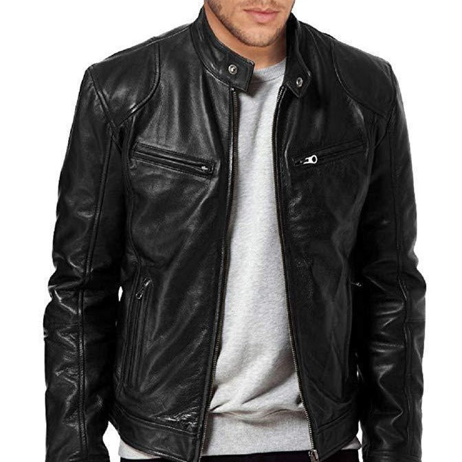 European & American Men's Leather Jacket - Youth Punk Stand-Up Collar Motorcycle Jacket with Logo