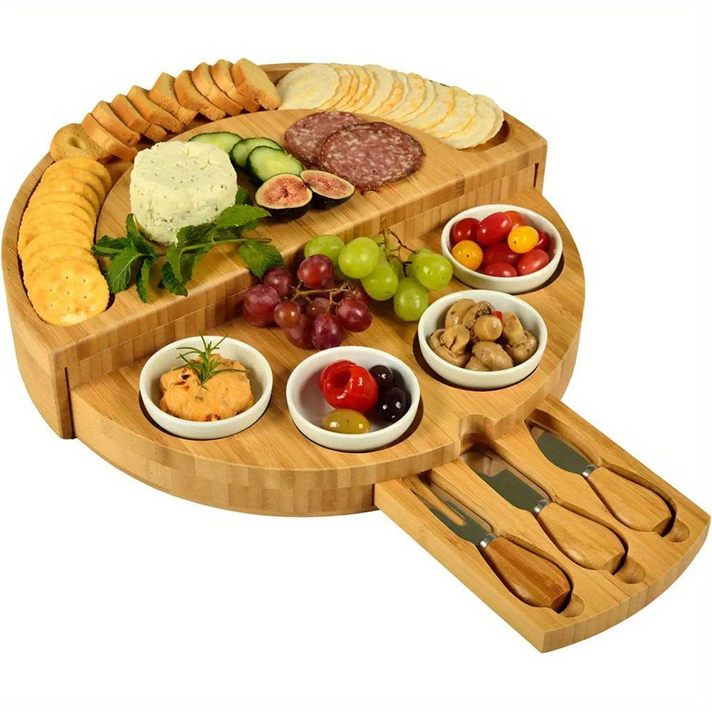 1 Set Bamboo Cheese Board with Slide-Out Drawer & Foldable Storage