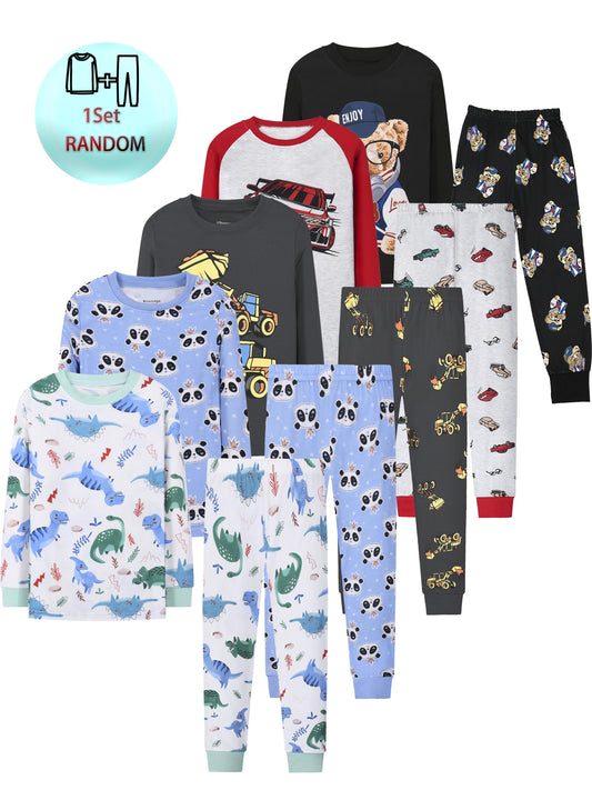 1 Set Boys' Thermal Underwear - Random Styles, Cute Animal & Truck Prints, Round Neck Long Sleeve Top & Trousers, Comfortable for Outdoor Wear