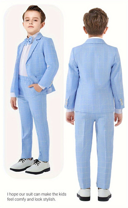 3-Pcs Boys Formal Plaid Gentleman Outfits, Long Sleeve Blazer, Bowtie, Pants Set - Hiccupzz
