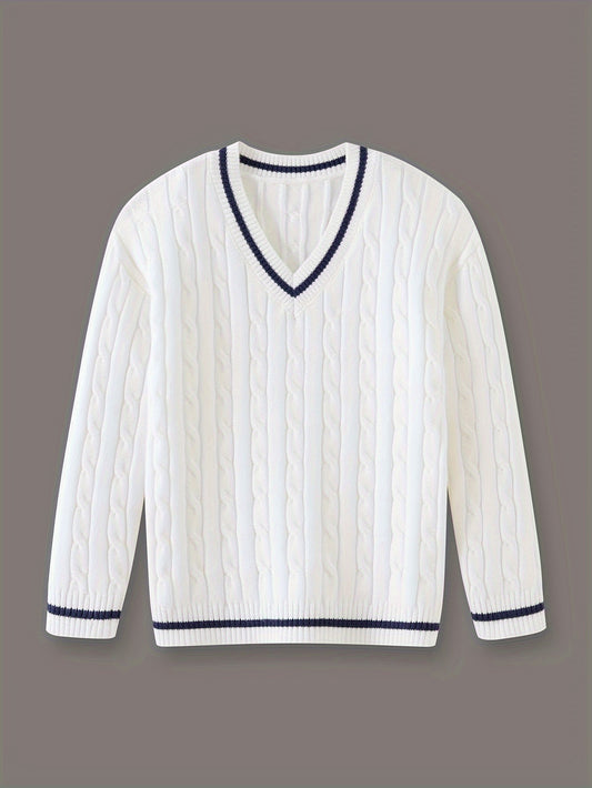 Kid's Preppy V-neck Sweater, Cable Knit, Long Sleeve, Casual, Spring/Fall/Winter