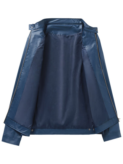 Men's PU Leather Motorcycle Jacket with Zipper Pockets, Autumn/Winter Stand Collar Cardigan Coat - Hiccupzz