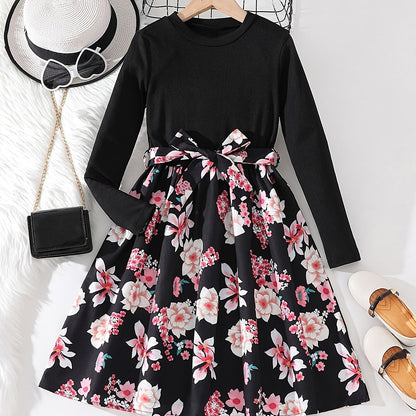 Girls' Floral Spliced Dress, Long Sleeves, Round Neck, Belted, Party Dress - Hiccupzz