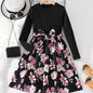 Girls' Floral Spliced Dress, Long Sleeves, Round Neck, Belted, Party Dress - Hiccupzz
