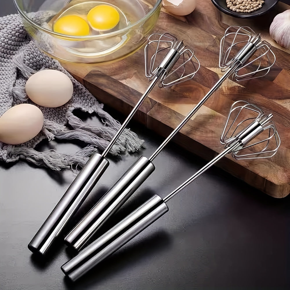 Semi-Automatic Stainless Steel Whisk Set: Manual Hand Push Egg Beater and Non-Electric Rotary Whisk (10/12/14 Inch) for Mixing and Frothing