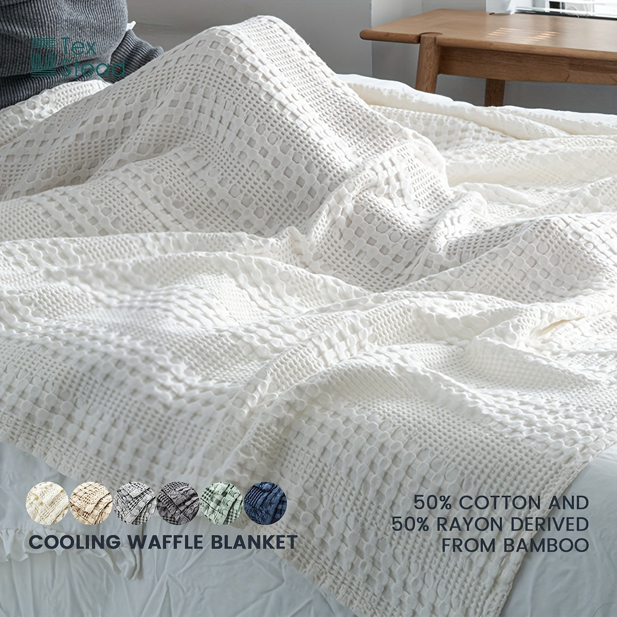 1 Pc Cooling Bamboo Fiber Cotton Blend Waffle Blanket - Lightweight Breathable Blanket For Hot Sleepers, Luxury Throws For Bed, Couch And Sofa